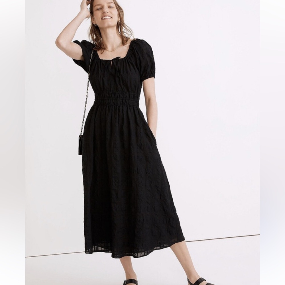 Madewell Black Midi Smocked-Waist Puff Sleeve Dress
